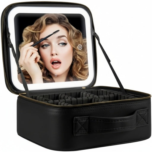 Organizador de maquillaje con espejo LED y compartimentos ajustables