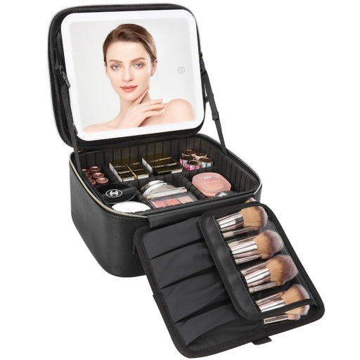 Organizador de maquillaje con espejo LED y compartimentos ajustables