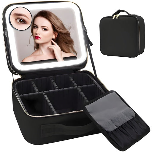 Organizador de maquillaje con espejo LED y compartimentos ajustables