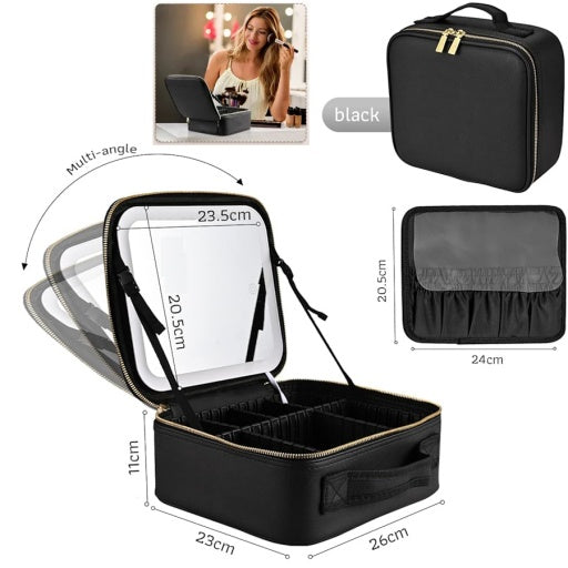 Organizador de maquillaje con espejo LED y compartimentos ajustables