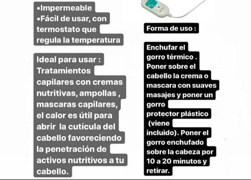 Gorra térmica eléctrica para tratamientos capilares