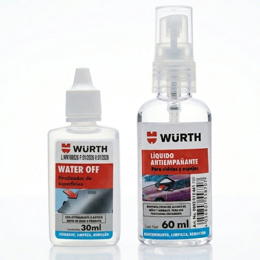 Kit Würth para vidrios: Water Off 30 ml + antiempañante 60 ml