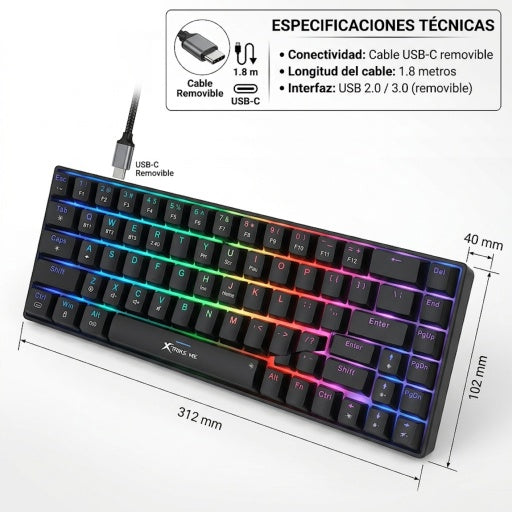 Teclado mecánico inalámbrico XTRIKE ME GK-995W, 68 teclas RGB