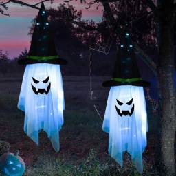 Adorno colgante de fantasma con sombrero y luces para Halloween 110 cm